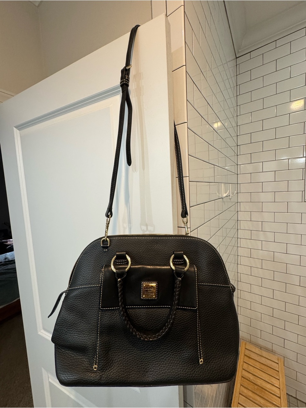 Dooney & Bourke Black Pebbled Leather Dome Satchel with Braided Handles